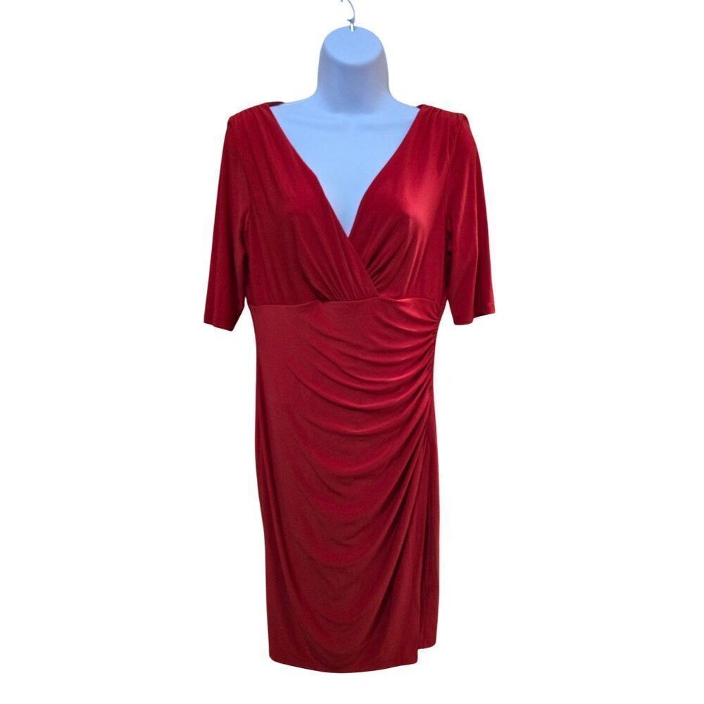 Ralph Lauren Red Ruched V-Neck Dress classic academia office wear elegant